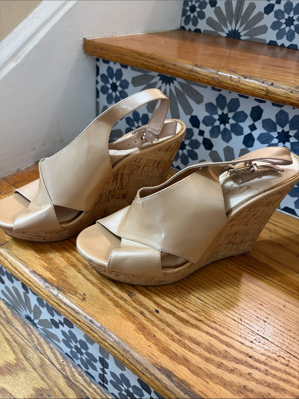 Jessica Simpson Nude Beige Cork Wedge Slingback Sandals